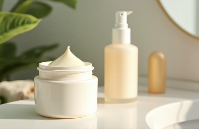 Natural face cream jar and serum bottle on a vanity