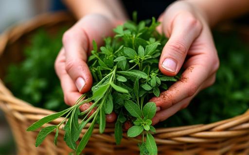 Hands selecting fresh herbs from a basket